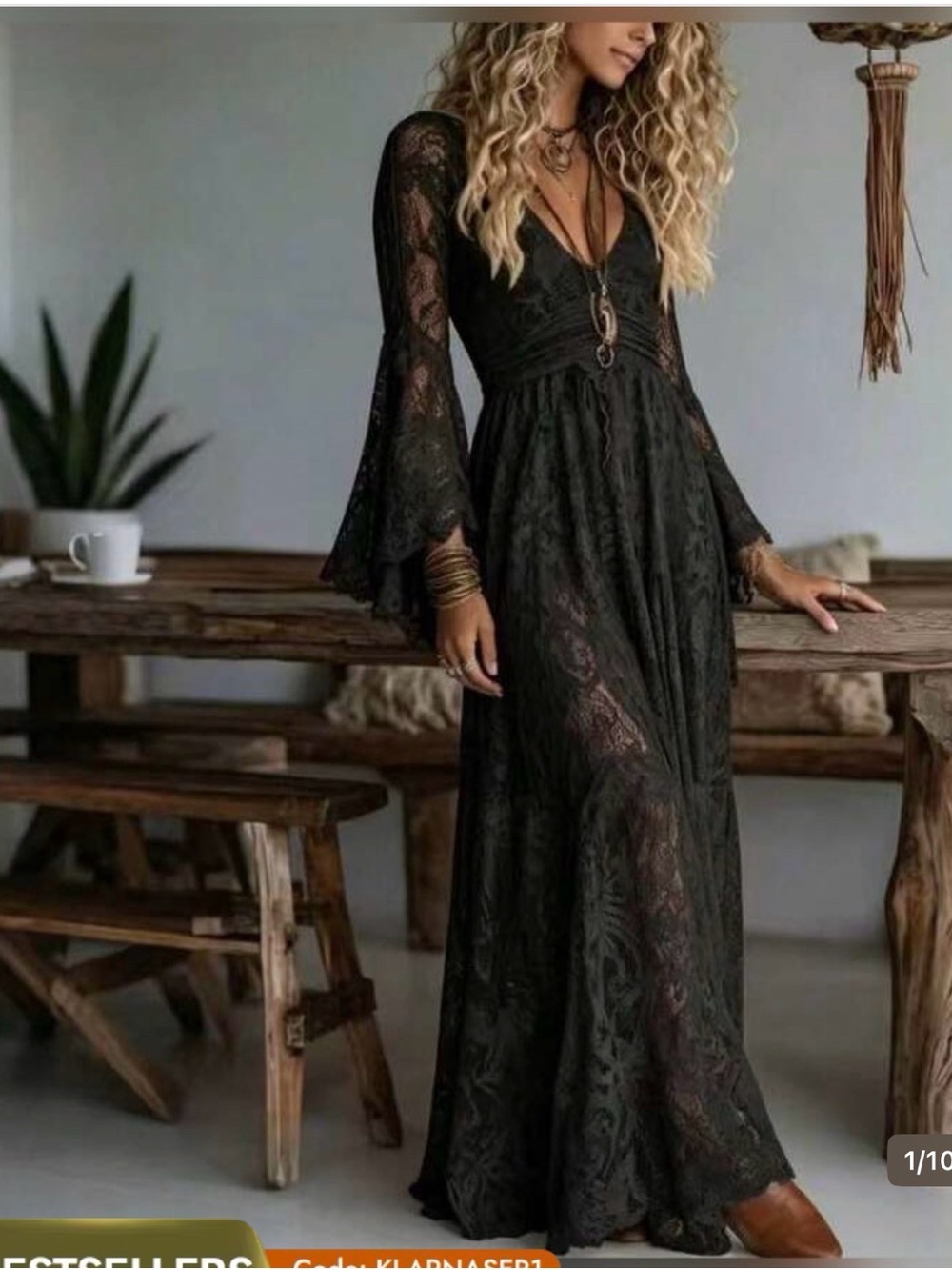 BOHO Women's Black Lace Long Sleeve Maxi Dress - perfect for Halloween 👻